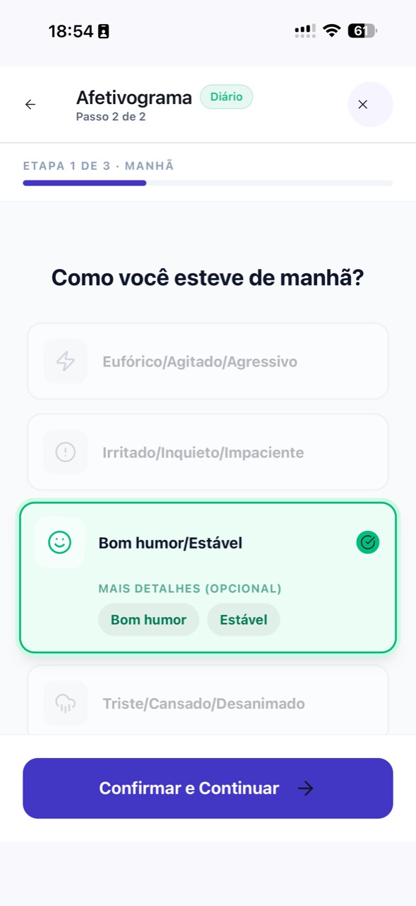 Afetivograma atual do paciente: registro do momento da manhã. Capturas fornecidas pelo criador do app · Dados fictícios de demonstração.